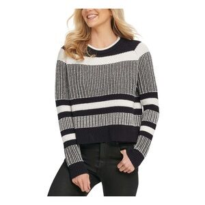 DKNY Black White Cropped Knit Sweater Women's Small Chunky Striped Pullover